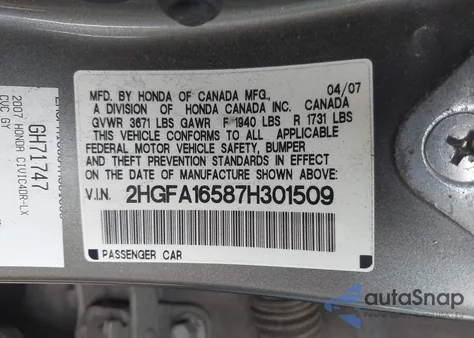 2007 Honda Civic Lx из США, поврежденный, VIN 2HGFA16587H301509